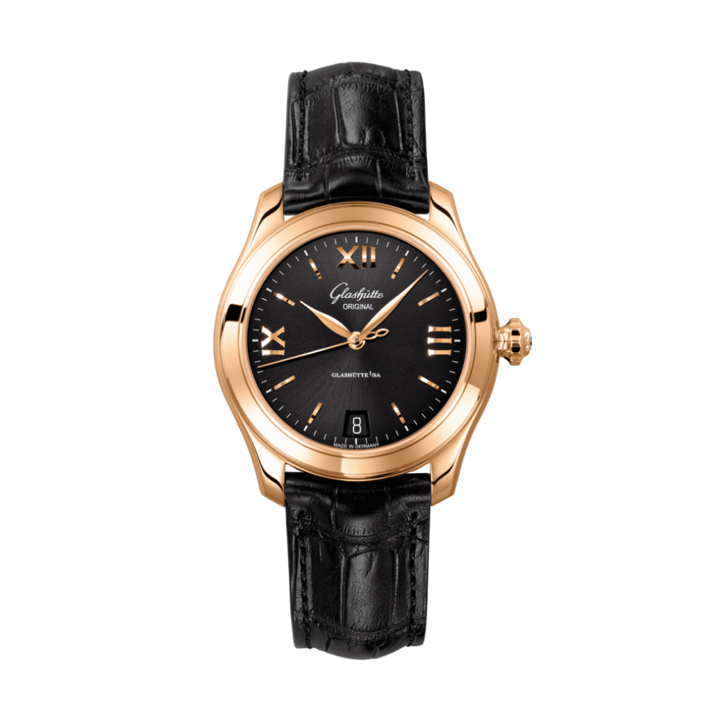 Glashuette Original Lady Serenade 36 mm Galvanized Black Dial 18k Rose Gold Louisiana   Leather Strap 1-39-22-18-01-04