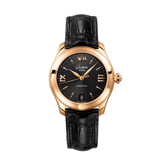 Glashuette Original Lady Serenade 36 mm Galvanized Black Dial 18k Rose Gold Louisiana   Leather Strap 1-39-22-18-01-04