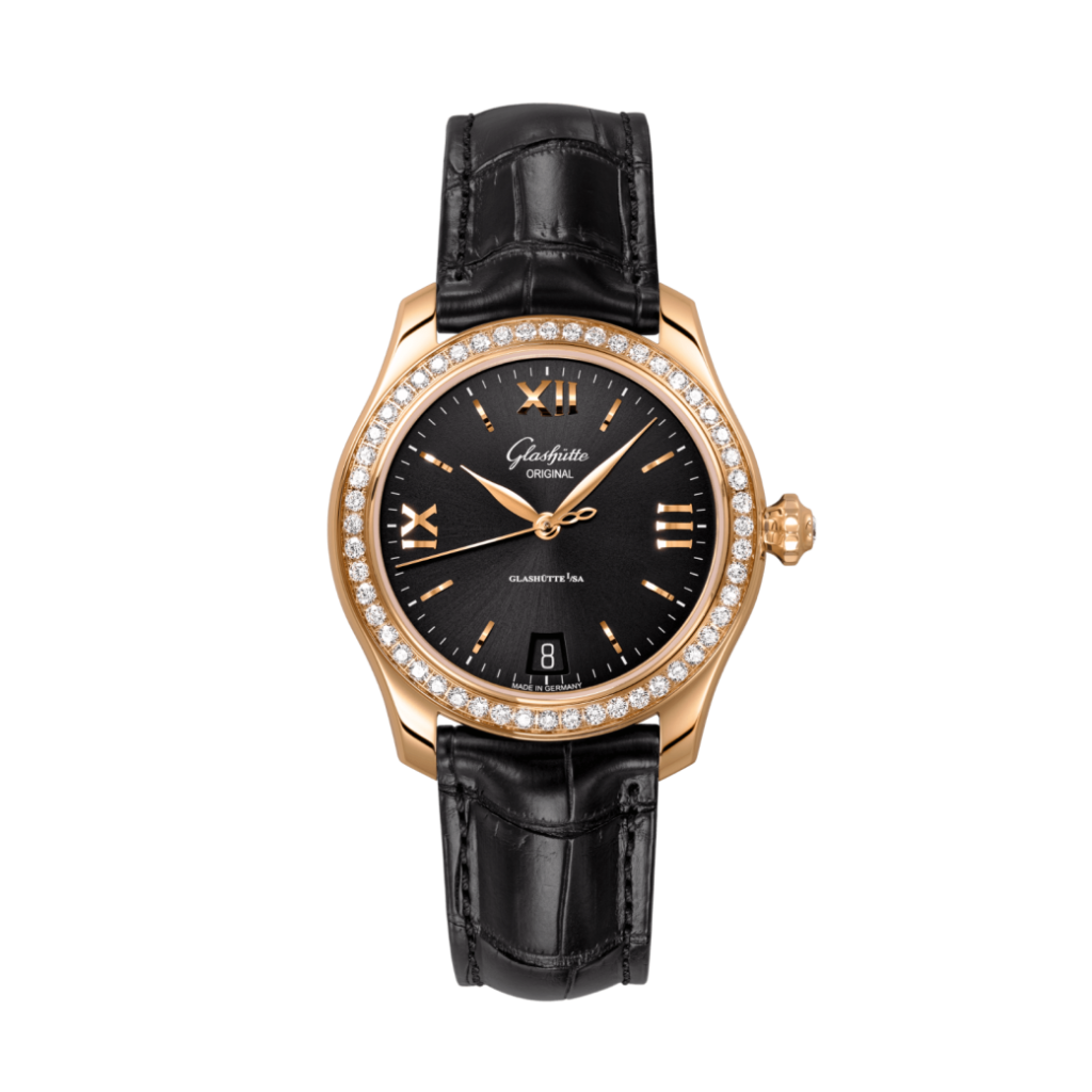 Glashuette Original Lady Serenade 36 mm Galvanized Black Dial 18k Rose Gold Louisiana   leather strap 1-39-22-18-11-04
