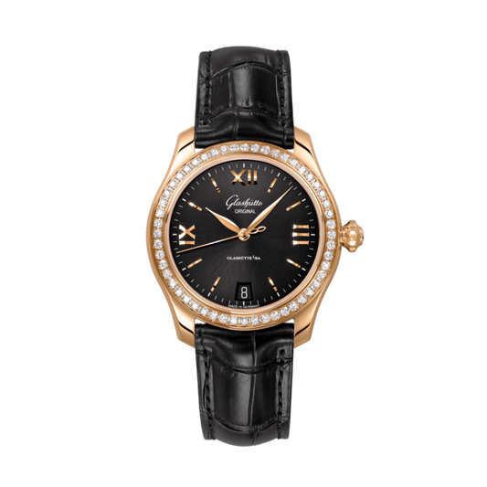 Glashuette Original Lady Serenade 36 mm Galvanized Black Dial 18k Rose Gold Louisiana   leather strap 1-39-22-18-11-04