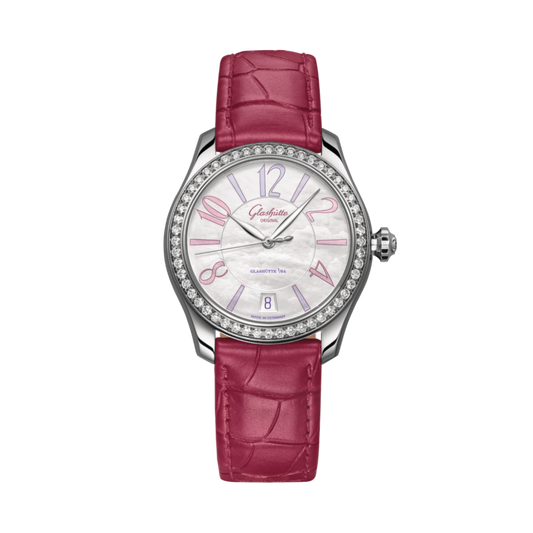 Glashuette Original Lady Serenade 36 mm Mother-Of-Pear White Dial Stainless Steel Louisiana   Leather Strap 1-39-22-22-22-04