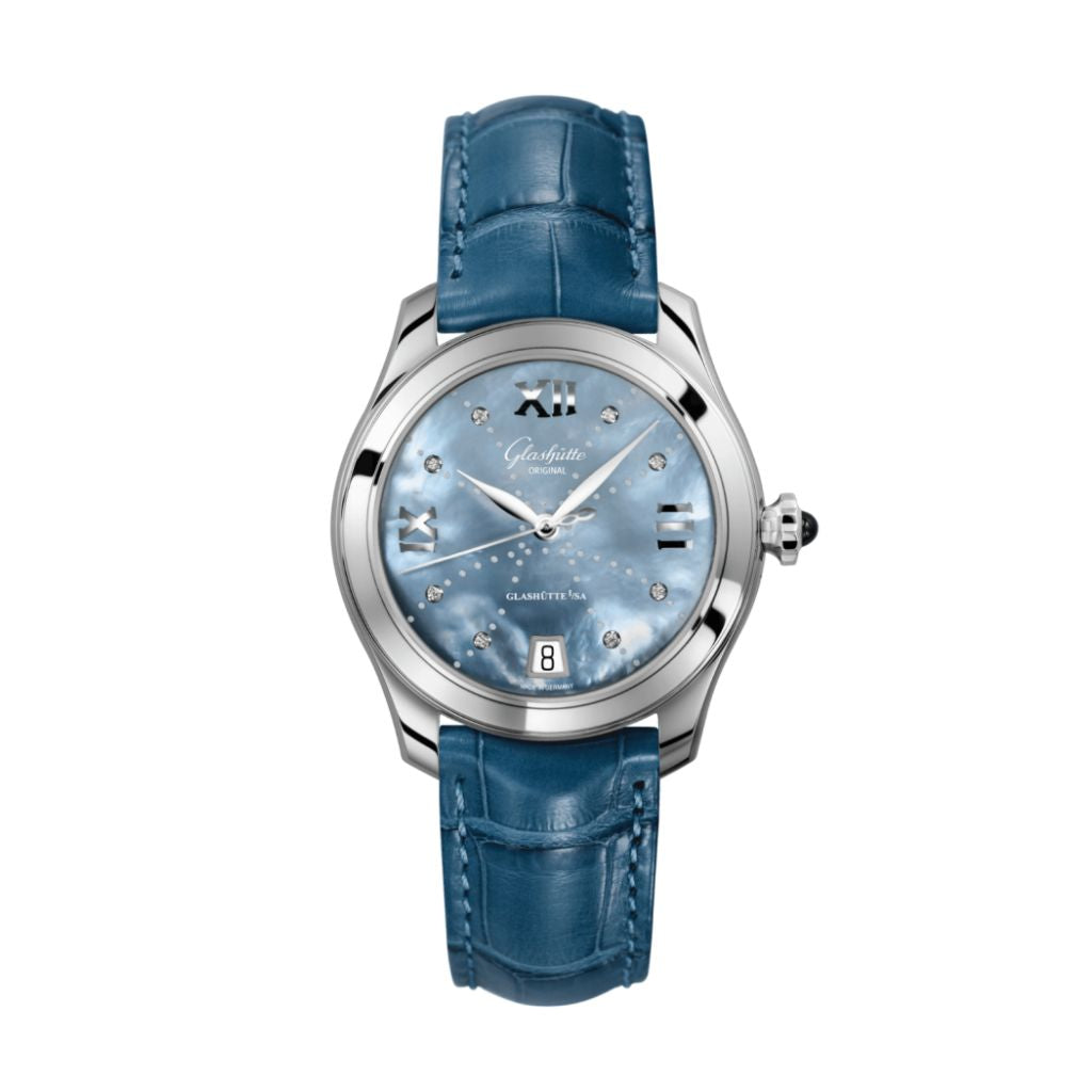 Glashuette Original Lady Serenade 36 mm Mother-Of-Pearl Blue Dial Stainless Steel Louisiana   Leather Strap 1-39-22-11-02-04