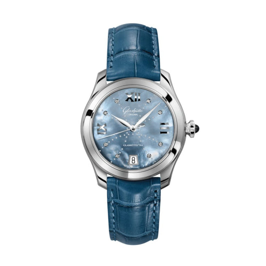 Glashuette Original Lady Serenade 36 mm Mother-Of-Pearl Blue Dial Stainless Steel Louisiana   Leather Strap 1-39-22-11-02-04