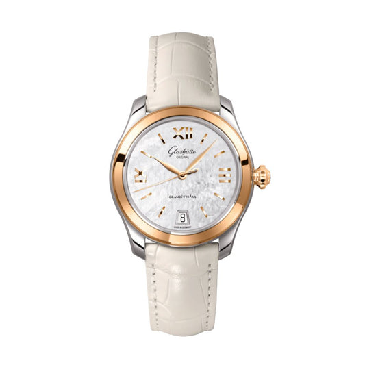 Glashuette Original Lady Serenade 36 mm Mother-Of-Pearl Silver Dial Bicolor Louisiana   Leather Strap 1-39-22-09-06-04