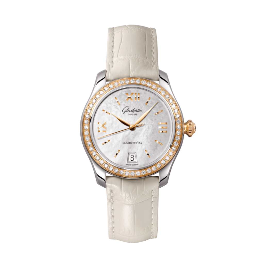Glashuette Original Lady Serenade 36 mm Mother-Of-Pearl Silver Dial Bicolor Louisiana   Leather Strap 1-39-22-09-16-04