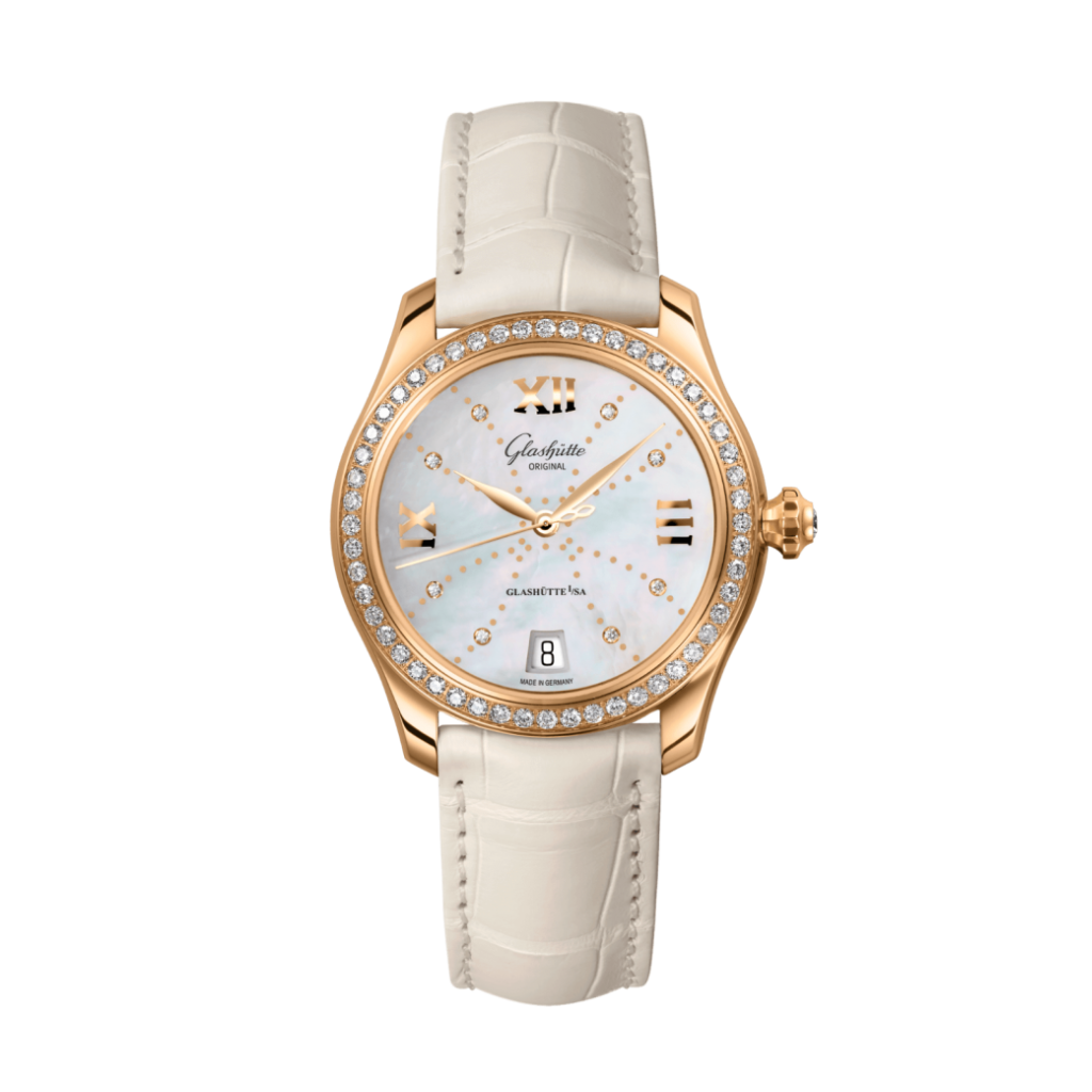Glashuette Original Lady Serenade 36 mm Mother-Of-Pearl White Dial 18k Rose Gold Louisiana   Leather Strap 1-39-22-12-11-04