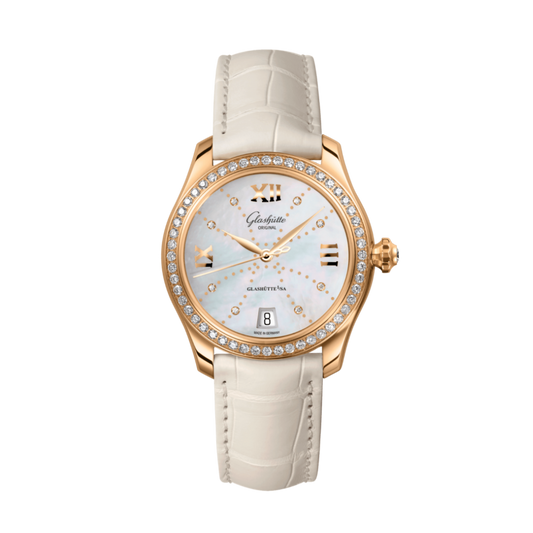 Glashuette Original Lady Serenade 36 mm Mother-Of-Pearl White Dial 18k Rose Gold Louisiana   Leather Strap 1-39-22-12-11-04