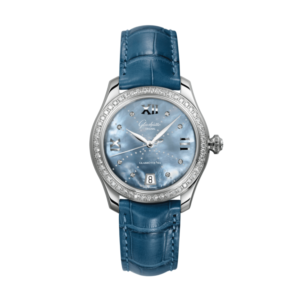 Glashuette Original Lady Serenade 36 mm Mother-Of-Pearl White Dial Stainless Steel Louisiana   Leather Strap 1-39-22-11-22-04