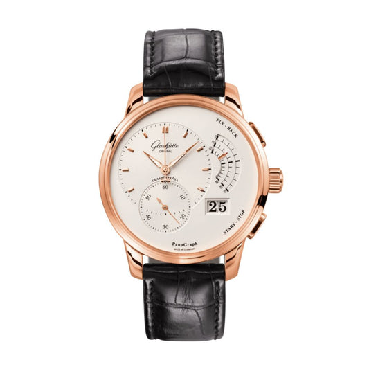 Glashuette Original Pano Graph 40 mm Silver  Dial Red Gold Louisiana   Leather Strap, Black 1-61-03-25-15-04