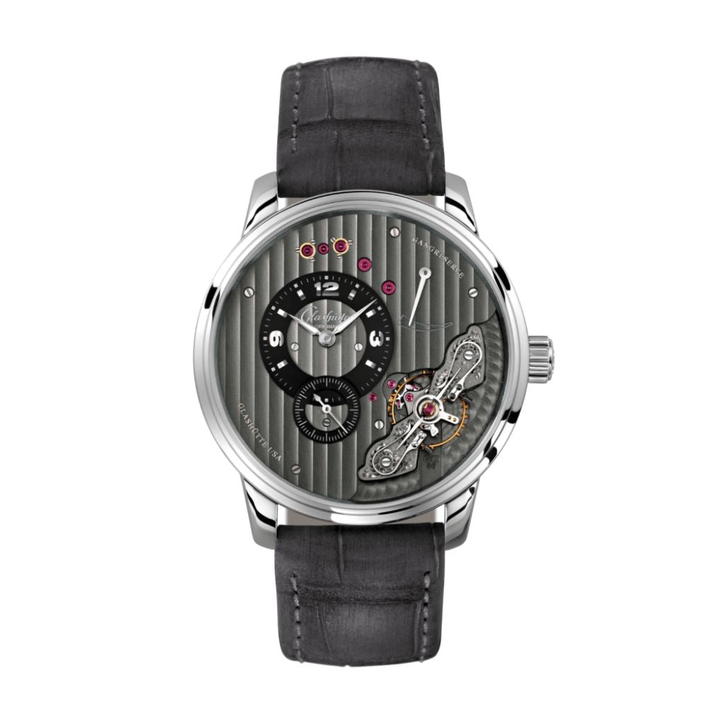 Glashuette Original Pano Inverse 42 mm Galvanized Black Dial Stainless Steel Louisiana   Nubuk Leather Strap, Grey 1-66-06-04-22-62