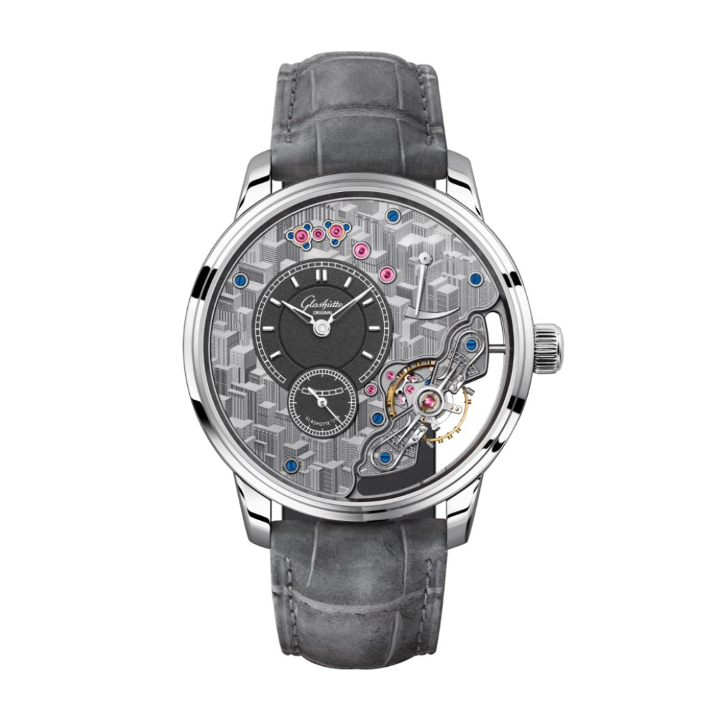 Glashuette Original Pano Inverse 42 mm Grey Dial Platinum Louisiana   Nubuk Leather Strap, Grey 1-66-12-01-03-62