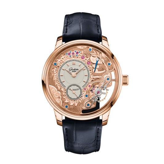 Glashuette Original Pano Inverse 42 mm Varnish Silver-Grainé Dial Red Gold Louisiana   Leather Strap, Blue 1-66-13-01-05-61