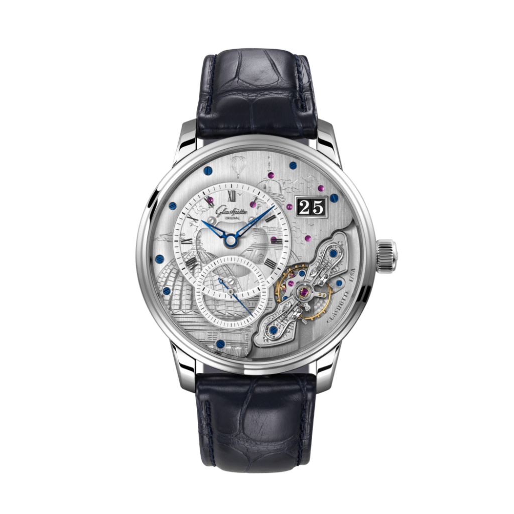 Glashuette Original Pano Matic Inverse 42 mm Grey  Dial Platinum Louisiana   Leather Strap, Blue 1-91-03-01-03-61