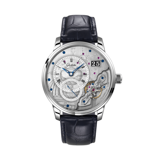 Glashuette Original Pano Matic Inverse 42 mm Grey  Dial Platinum Louisiana   Leather Strap, Blue 1-91-03-01-03-61