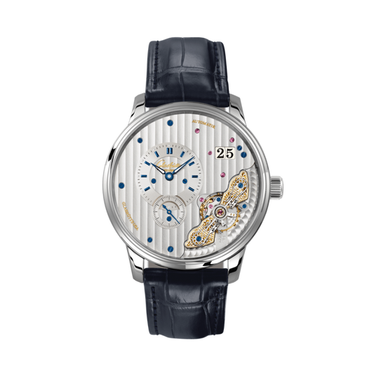 Glashuette Original Pano Matic Inverse 42 mm Silver Dial Stainless Steel Louisiana   Leather Strap, Blue 1-91-02-02-02-61