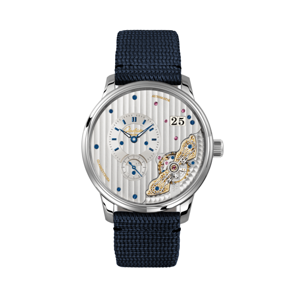 Glashuette Original Pano Matic Inverse 42 mm Silver Dial Stainless Steel Synthetic, Blue Strap 1-91-02-02-02-64