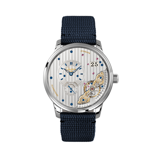 Glashuette Original Pano Matic Inverse 42 mm Silver Dial Stainless Steel Synthetic, Blue Strap 1-91-02-02-02-64