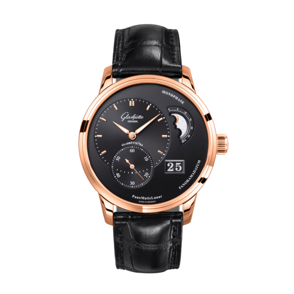 Glashuette Original Pano Matic Lunar 40 mm Black Dial Red Gold Louisiana   Leather Strap, Black 1-90-02-49-35-61