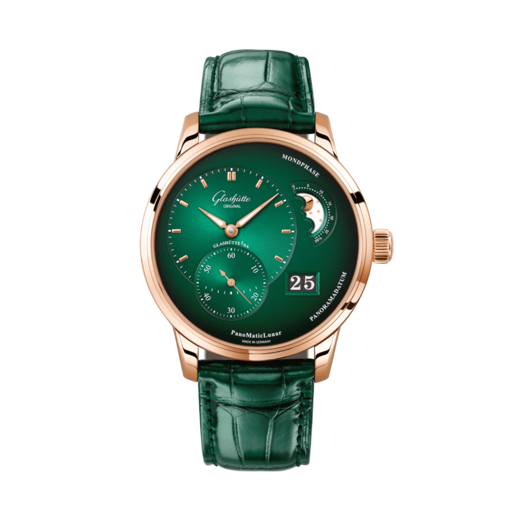 Glashuette Original Pano Matic Lunar 40 mm Green Dial Red Gold Louisiana   Leather Strap, Green 1-90-02-23-35-61