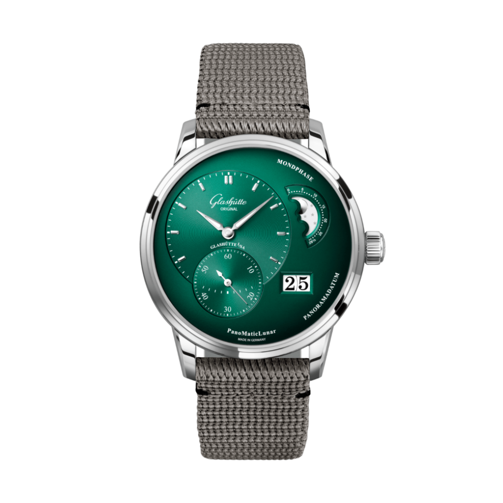 Glashuette Original Pano Matic Lunar 40 mm Green Dial Stainless Steel Synthetic, Grey Strap 1-90-02-13-32-66