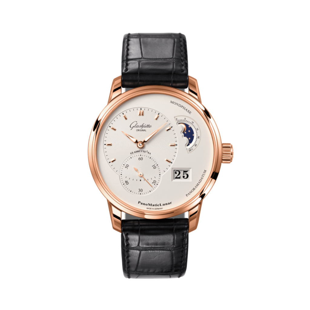 Glashuette Original Pano Matic Lunar 40 mm Silver  Dial Red Gold Louisiana   Leather Strap, Black 1-90-02-45-35-61