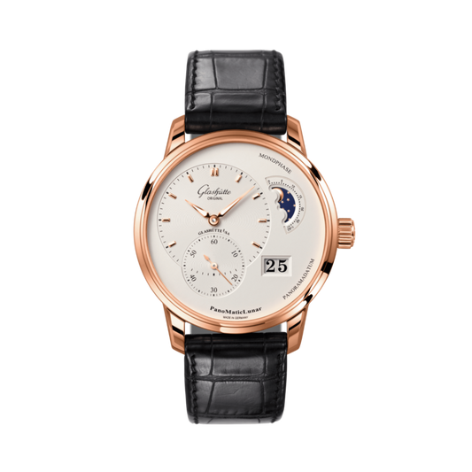 Glashuette Original Pano Matic Lunar 40 mm Silver  Dial Red Gold Louisiana   Leather Strap, Black 1-90-02-45-35-61