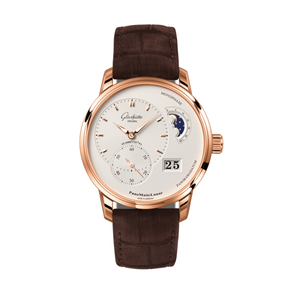 Glashuette Original Pano Matic Lunar 40 mm Silver  Dial Red Gold Louisiana   Nubuk Leather Strap, Brown 1-90-02-45-35-62