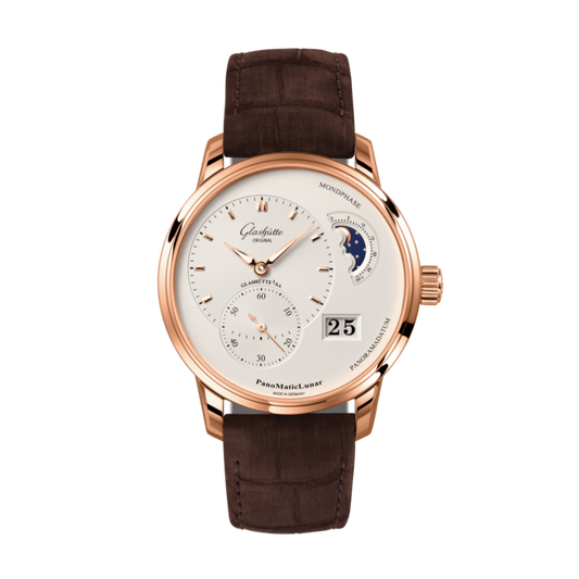Glashuette Original Pano Matic Lunar 40 mm Silver  Dial Red Gold Louisiana   Nubuk Leather Strap, Brown 1-90-02-45-35-62