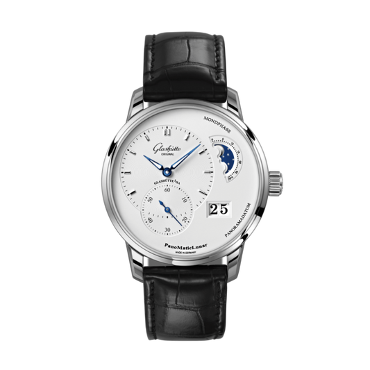 Glashuette Original Pano Matic Lunar 40 mm Silver  Dial Stainless Steel Louisiana   Leather Strap, Black 1-90-02-42-32-61