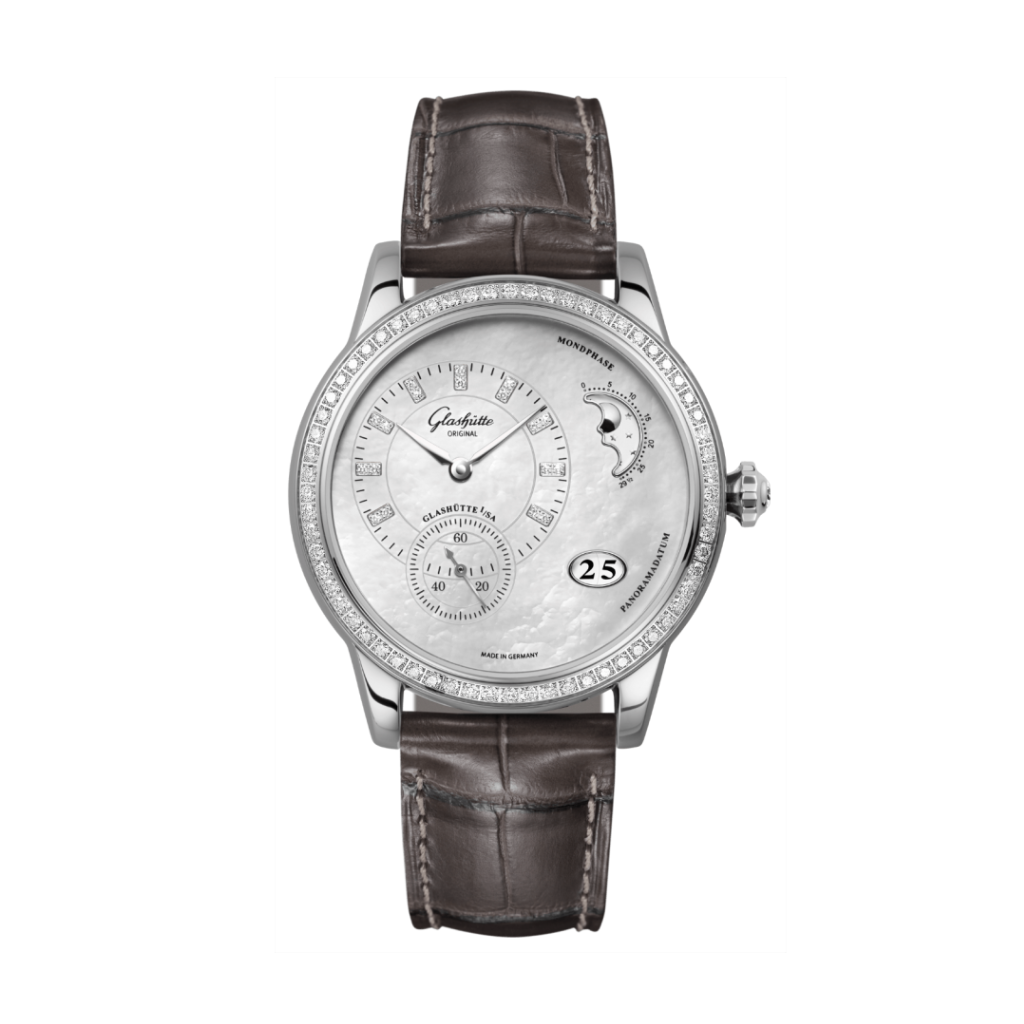 Glashuette Original Panomatic Luna 39.4 mm Mother-Of-Pearl Light Grey Dial Stainless Steel Louisiana   Leather Strap 1-90-12-01-12-02