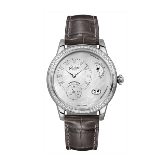Glashuette Original Panomatic Luna 39.4 mm Mother-Of-Pearl Light Grey Dial Stainless Steel Louisiana   Leather Strap 1-90-12-01-12-02