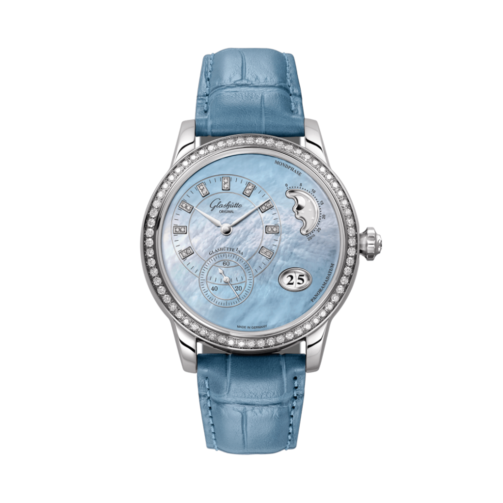 Glashuette Original Panomatic Luna 39.40 mm Mother-Of-Pearl Blue Dial Stainless Steel Louisiana   Leather Strap 1-90-12-03-12-02