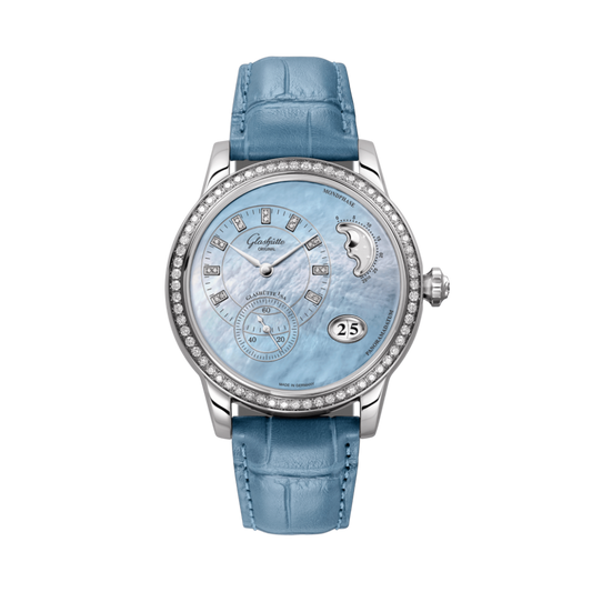 Glashuette Original Panomatic Luna 39.40 mm Mother-Of-Pearl Blue Dial Stainless Steel Louisiana   Leather Strap 1-90-12-03-12-02