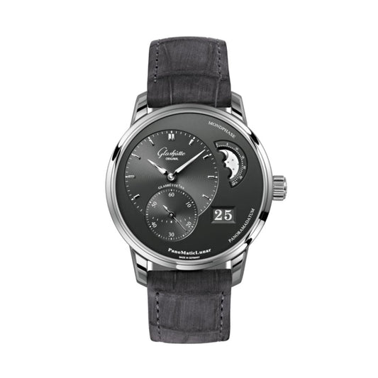 Glashuette Original PanoMaticLunar 40 mm Galvanized Ruthenium Dial Stainless Steel Louisiana   Nubuk Leather Strap 1-90-02-43-32-62