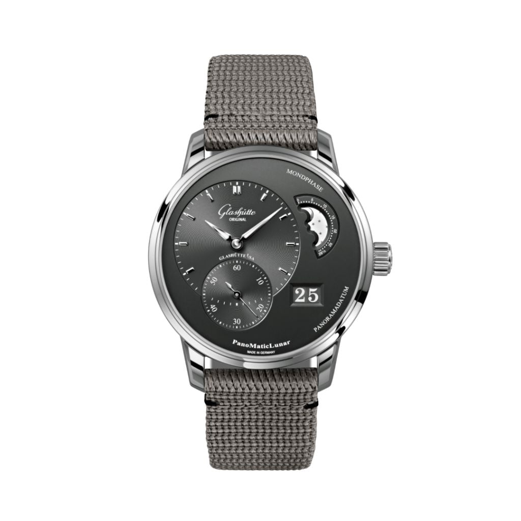 Glashuette Original PanoMaticLunar 40 mm Galvanized Ruthenium Dial Stainless Steel Synthetic 1-90-02-43-32-66
