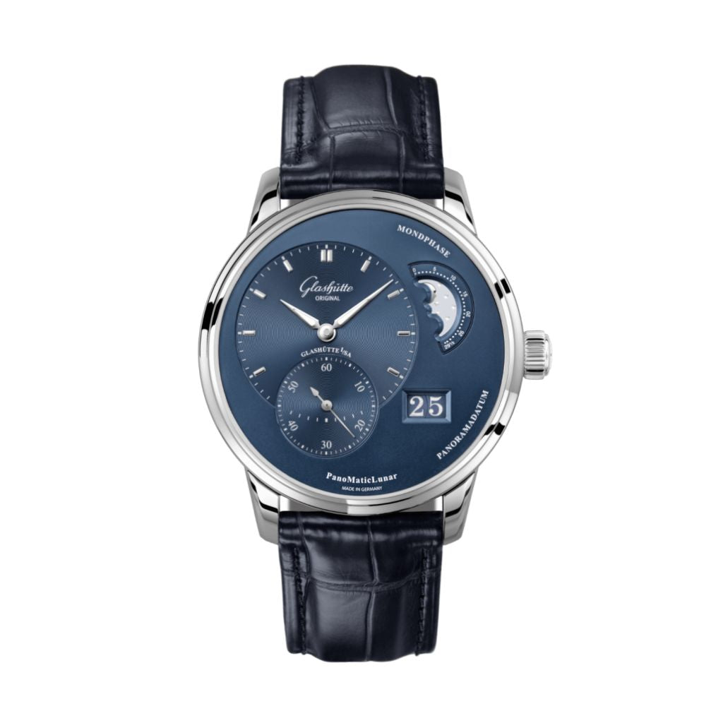 Glashuette Original PanoMaticLunar 40 mm Radiant Blue Dial Stainless Steel Louisiana   Leather Strap 1-90-02-46-32-61