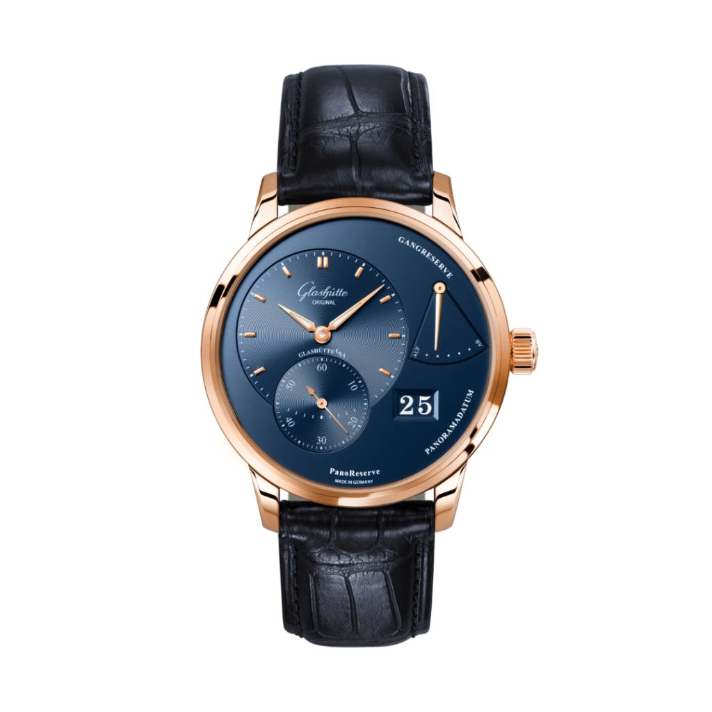 Glashuette Original PanoReserve 40 mm Radiant Blue Dial Red Gold Louisiana   Nubuk Leather Strap 1-65-01-04-15-61