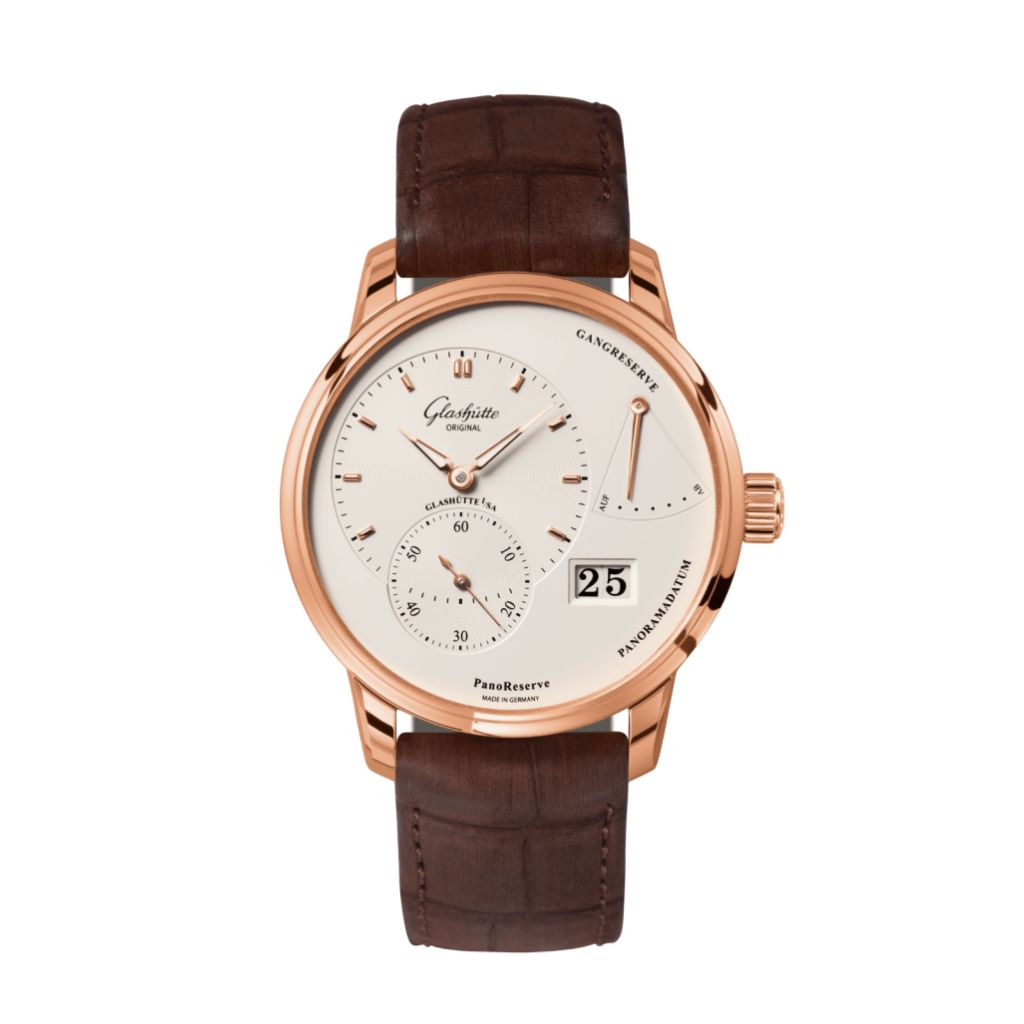 Glashuette Original PanoReserve 40 mm Silver Galvanized Dial Red Gold Louisiana   Nubuk Leather Strap 1-65-01-25-15-62