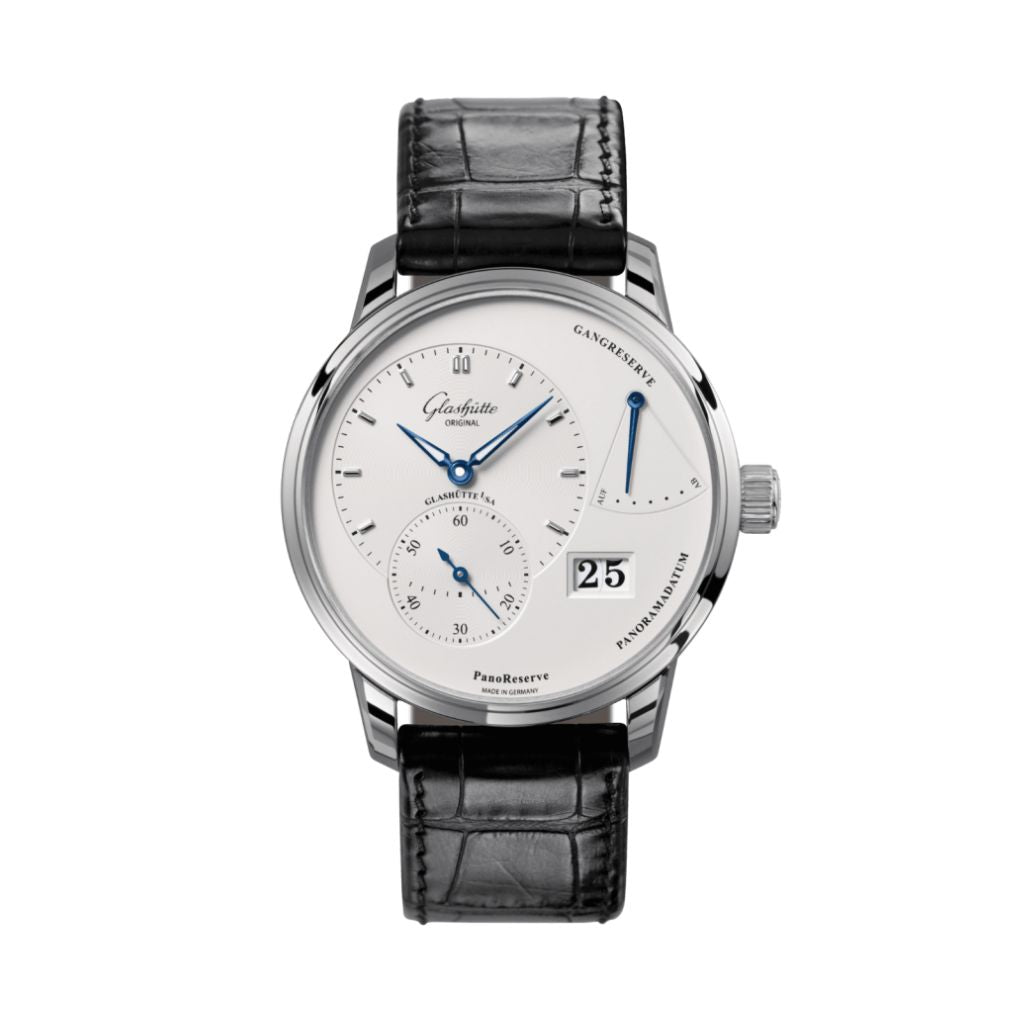 Glashuette Original PanoReserve 40 mm Silver Galvanized Dial Stainless Steel Louisiana   Leather Strap 1-65-01-22-12-61