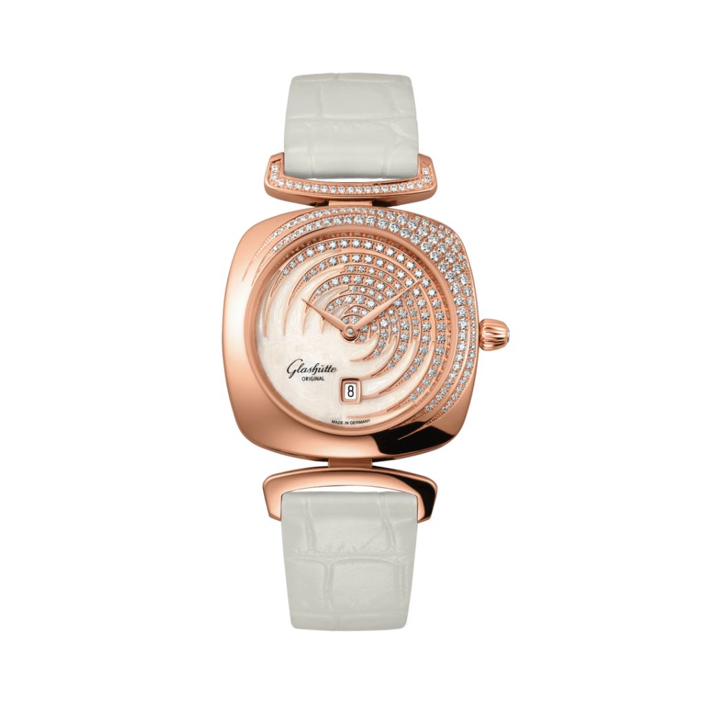 Glashuette Original Pavonina 31 mm Cold Enamal White Dial Red Gold Louisiana   Leather Strap 1-03-01-03-15-34