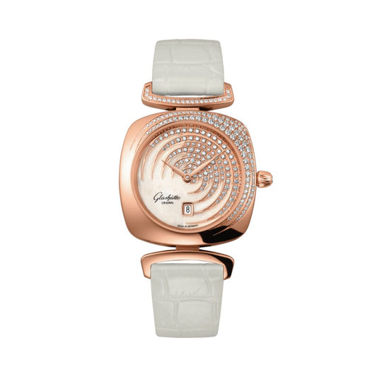 Glashuette Original Pavonina 31 mm Cold Enamal White Dial Red Gold Louisiana   Leather Strap 1-03-01-03-15-34