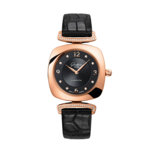 Glashuette Original Pavonina 31 mm Galvanized Black Dial 18k Rose Gold Louisiana   Leather Strap 1-03-02-09-05-30