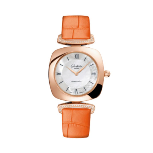 Glashuette Original Pavonina 31 mm Mother-Of-Pearl White Dial Red Gold Louisiana   Leather Strap 1-03-02-05-05-31