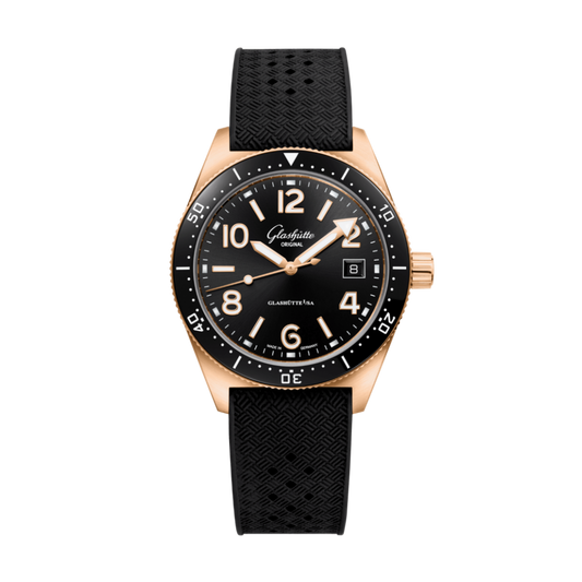 Glashuette Original SeaQ 39.50 mm Black Dial Red Gold Rubber Strap, Black 1-39-11-17-91-33