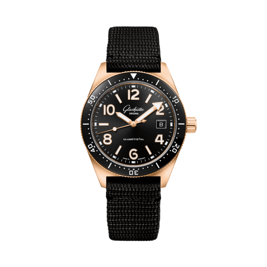 Glashuette Original SeaQ 39.50 mm Black Dial Red Gold Synthetic Strap, Black 1-39-11-17-91-35