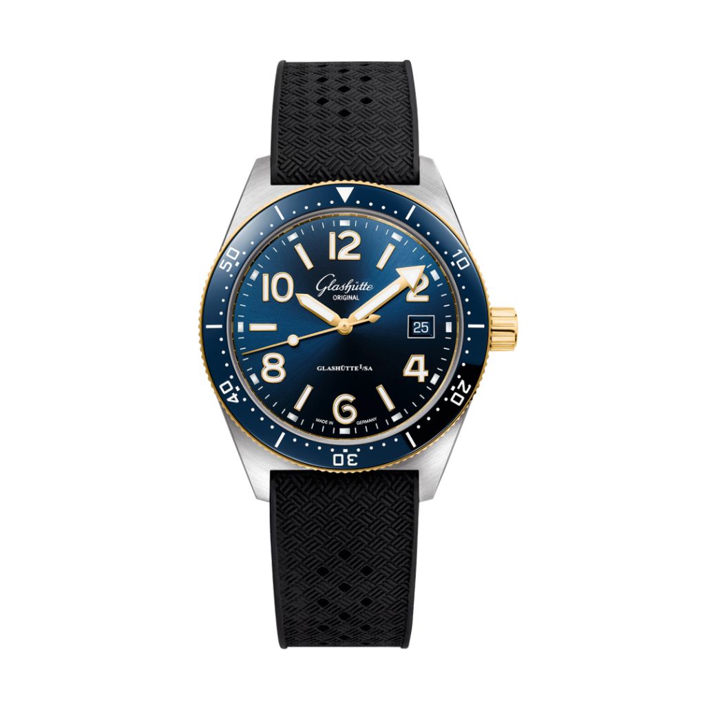 Glashuette Original SeaQ 39.50 mm Blue Dial Stainless Steel and 18k Yellow Gold Rubber Strap, Black 1-39-11-10-90-33