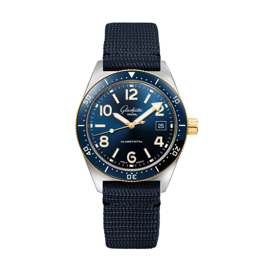 Glashuette Original SeaQ 39.50 mm Blue Dial Stainless Steel and 18k Yellow Gold Synthetic Strap, Blue 1-39-11-10-90-34
