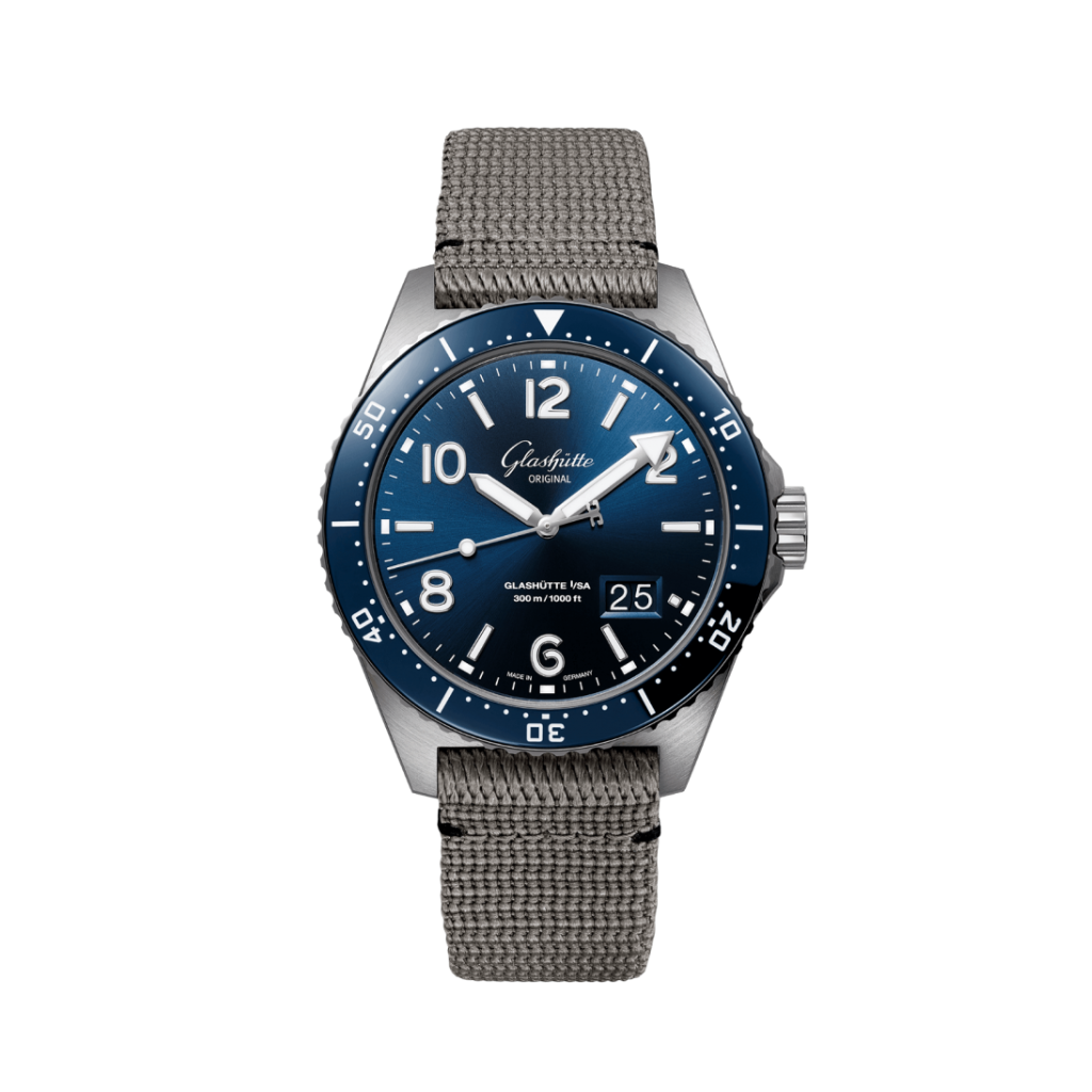 Glashuette Original SeaQ Panorama Date 43.20 mm Blue Dial Stainless Steel Synthetic Strap, Grey 1-36-13-02-81-34