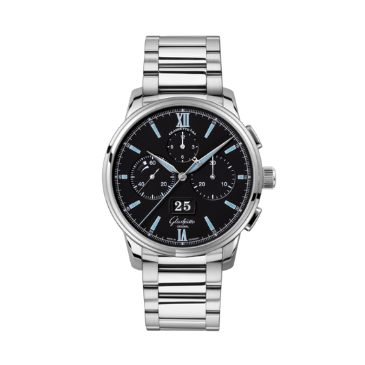 Glashuette Original Senator Chronograph Panorama Date 42 mm Black Dial Stainless Steel Metal Bracelet 1-37-01-03-02-71