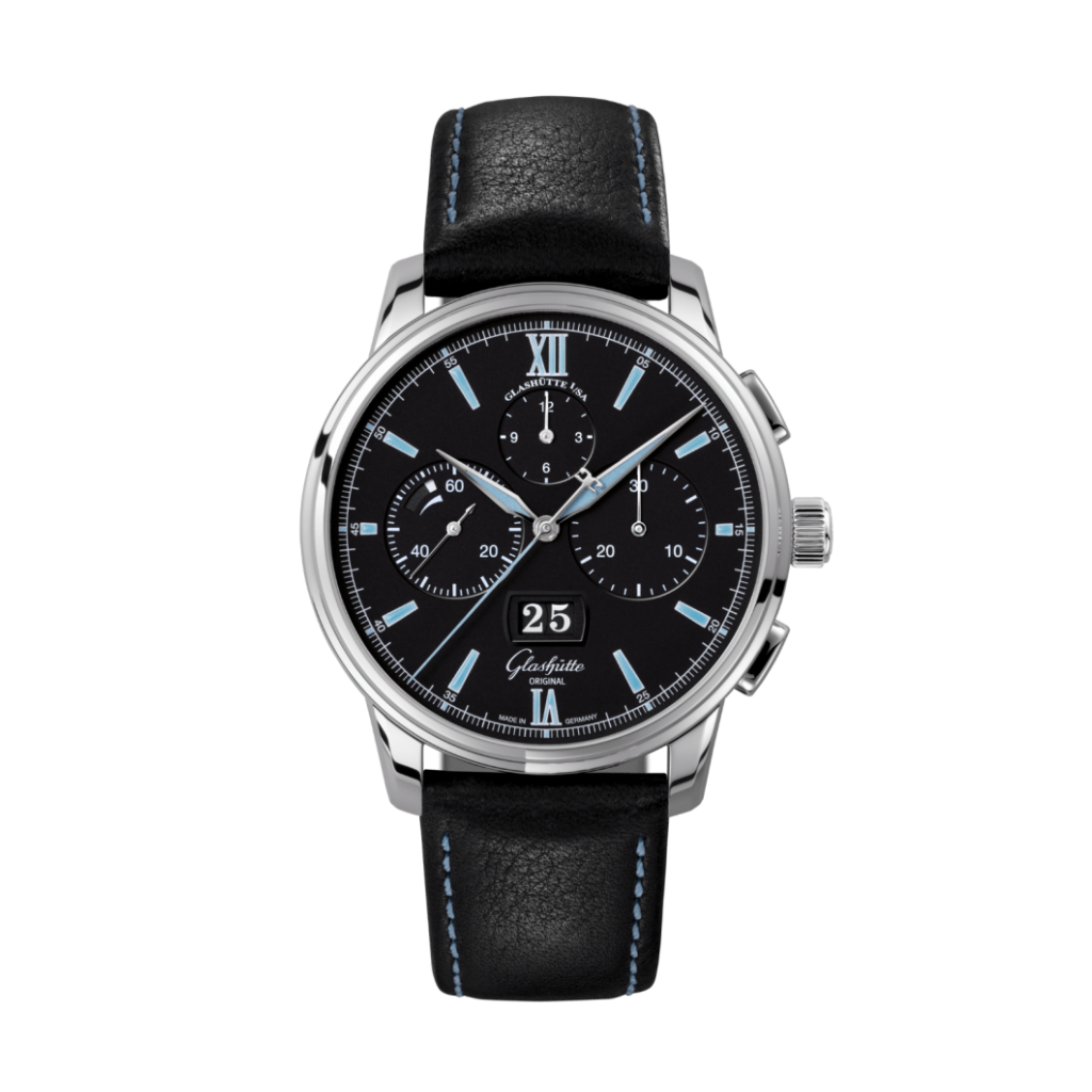 Glashuette Original Senator Chronograph Panorama Date 42 mm Black Dial Stainless Steel   Strap, Black 1-37-01-03-02-35